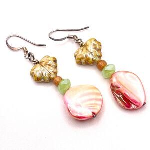 Vintage 90s Pink Mother of Pearl Ceramic Leaf Botanical Statement Drop Earrings